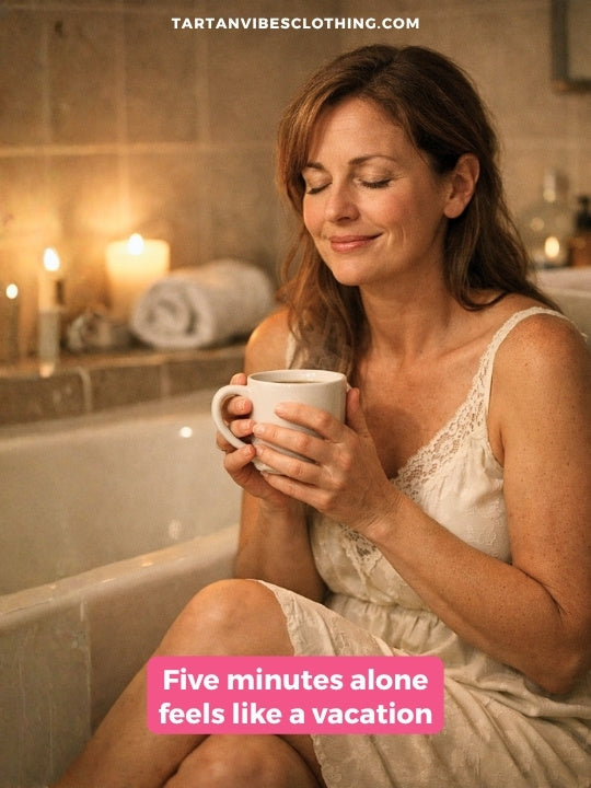 Bathroom break humor: mom relaxing in tub enjoying quiet alone time
