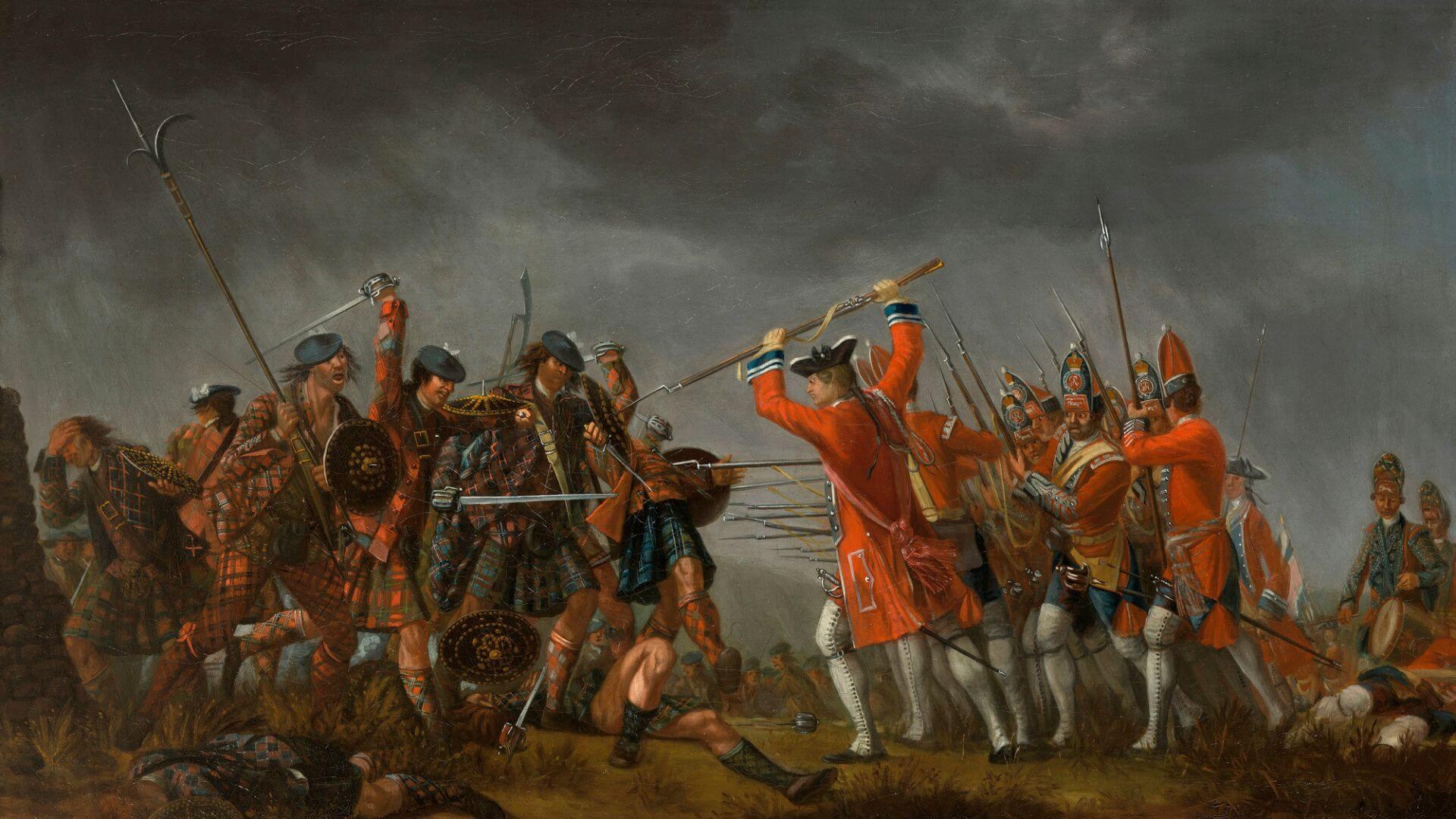Battle of Culloden 1746 oil painting by David Morier showing Jacobite and British troops
