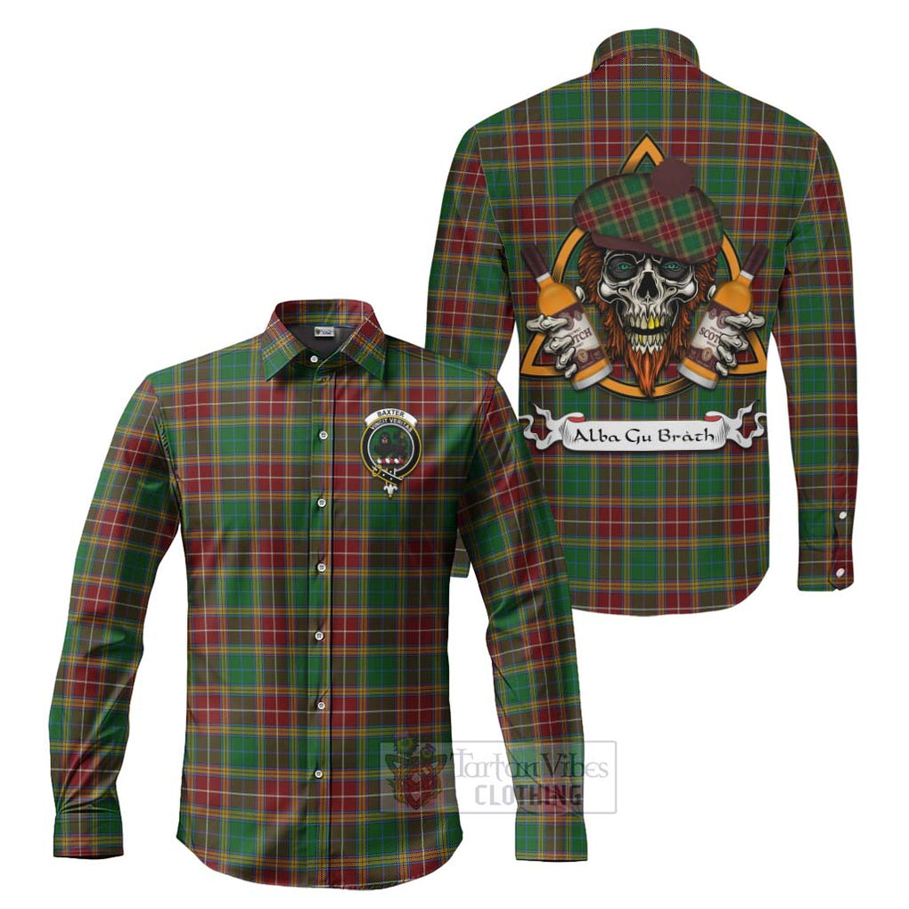 Tartan Vibes Clothing Baxter Tartan Long Sleeve Button Shirt with Family Crest and Bearded Skull Holding Bottles of Whiskey