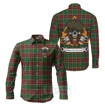 Baxter Tartan Long Sleeve Button Shirt with Family Crest and Bearded Skull Holding Bottles of Whiskey
