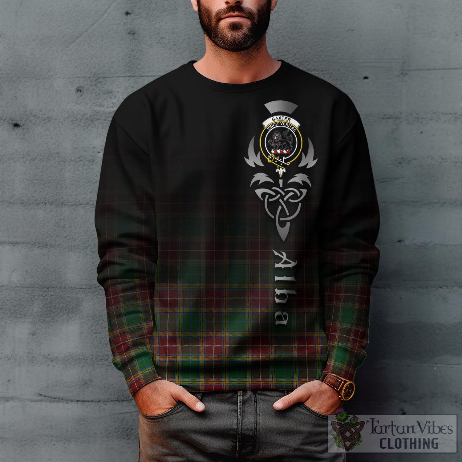Tartan Vibes Clothing Baxter Tartan Sweatshirt Featuring Alba Gu Brath Family Crest Celtic Inspired
