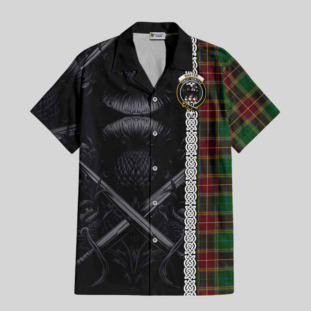 Tartan Vibes Clothing Baxter Tartan Short Sleeve Button Shirt with Family Crest Cross Sword Thistle Celtic Vibes