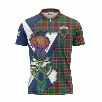 Baxter Tartan Family Crest Zipper Polo Shirt Scottish Thistle Celtic Inspired