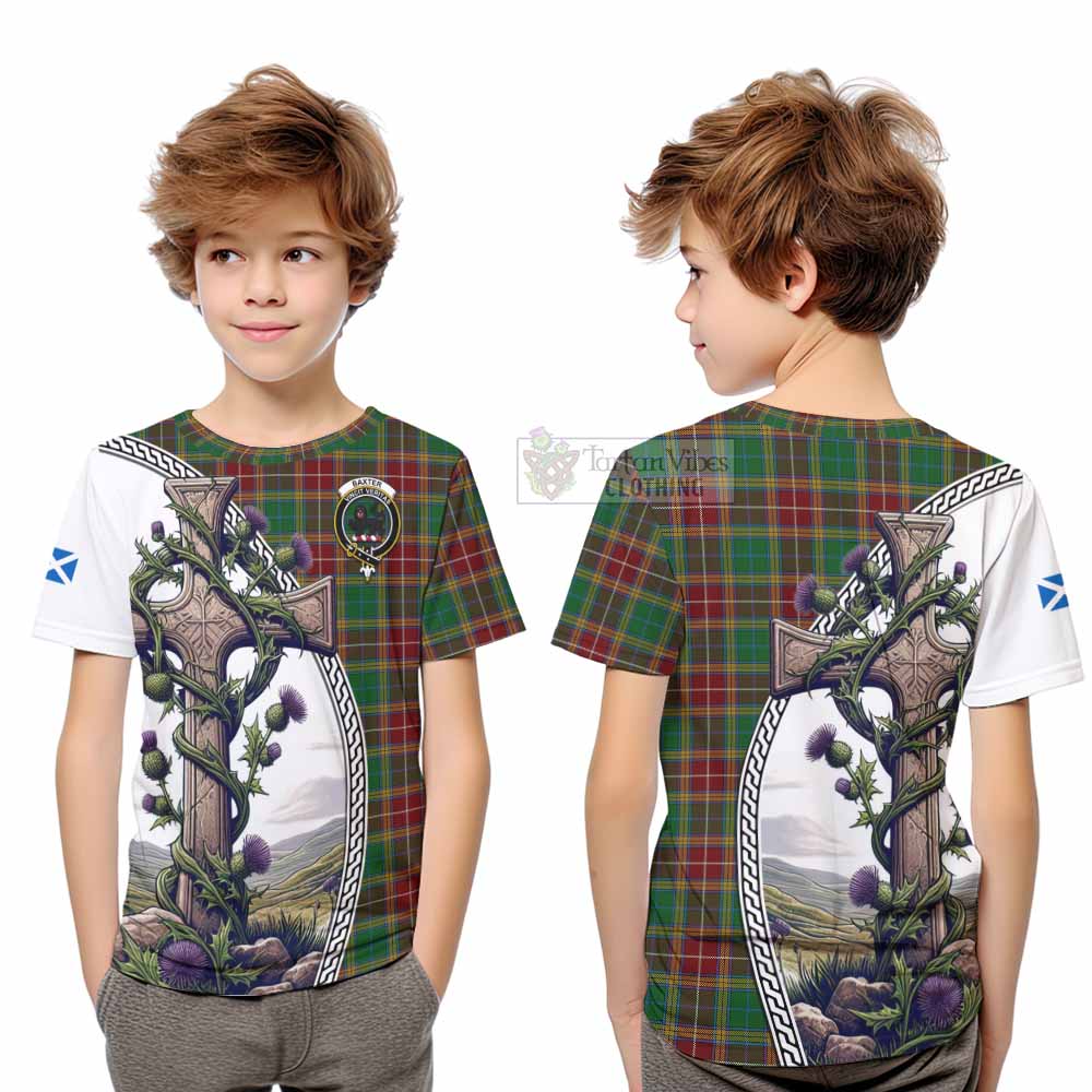 Tartan Vibes Clothing Baxter Tartan Kid T-Shirt with Family Crest and St. Andrew's Cross Accented by Thistle Vines