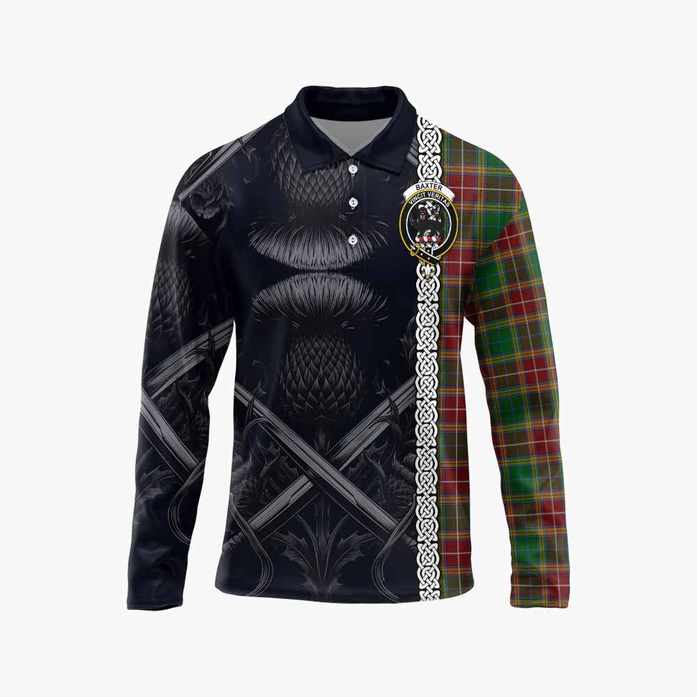 Tartan Vibes Clothing Baxter Tartan Long Sleeve Polo Shirt with Family Crest Cross Sword Thistle Celtic Vibes