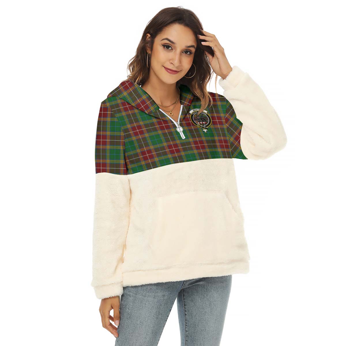 Baxter Tartan Women's Borg Fleece Hoodie With Half Zip with Family Crest Female - Tartan Vibes Clothing