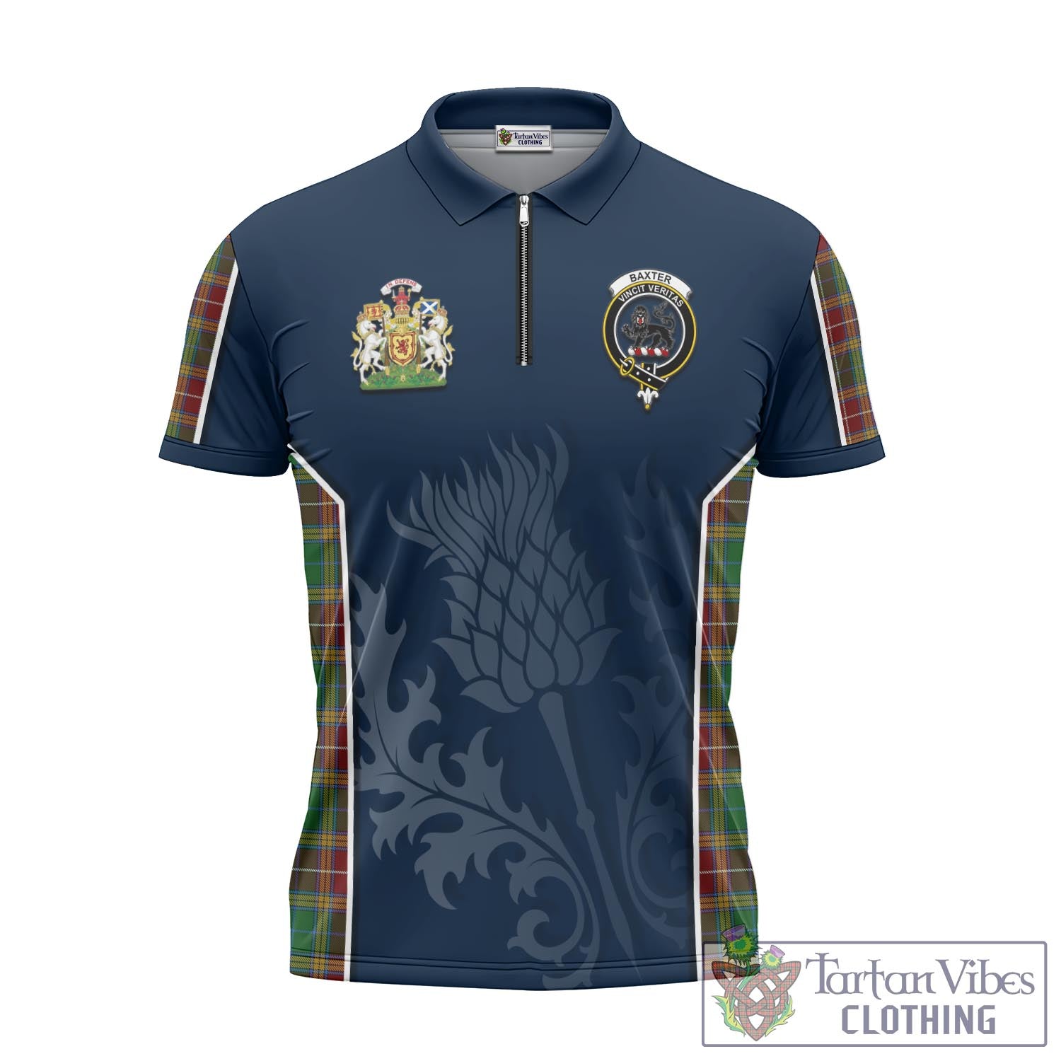 Tartan Vibes Clothing Baxter Tartan Zipper Polo Shirt with Family Crest and Scottish Thistle Vibes Sport Style