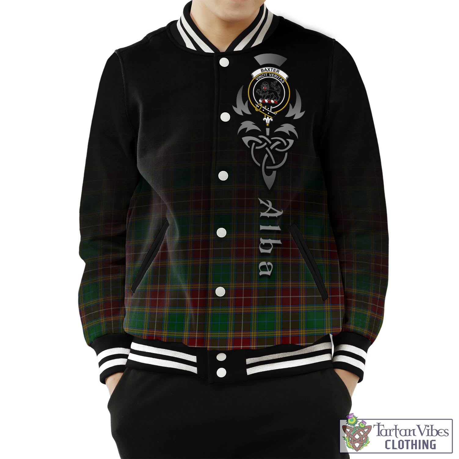 Baxter Tartan Baseball Jacket Featuring Alba Gu Brath Family Crest Celtic Inspired Unisex - Tartan Vibes Clothing