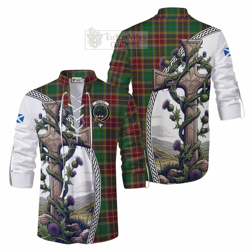 Tartan Vibes Clothing Baxter Tartan Ghillie Kilt Shirt with Family Crest and St. Andrew's Cross Accented by Thistle Vines