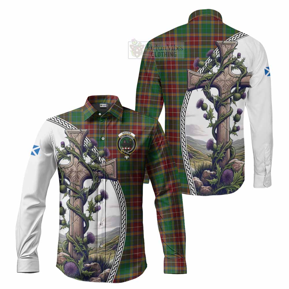 Tartan Vibes Clothing Baxter Tartan Long Sleeve Button Shirt with Family Crest and St. Andrew's Cross Accented by Thistle Vines
