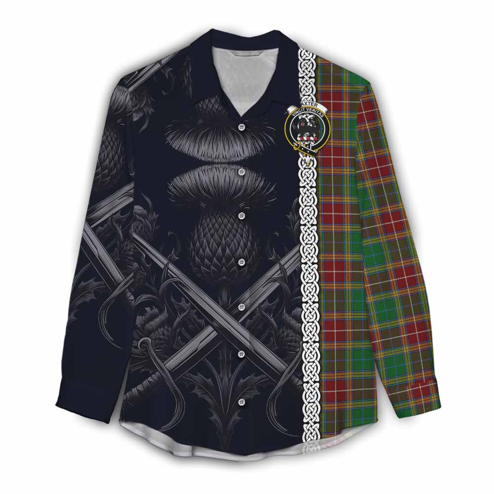 Tartan Vibes Clothing Baxter Tartan Women's Casual Shirt with Family Crest Cross Sword Thistle Celtic Vibes