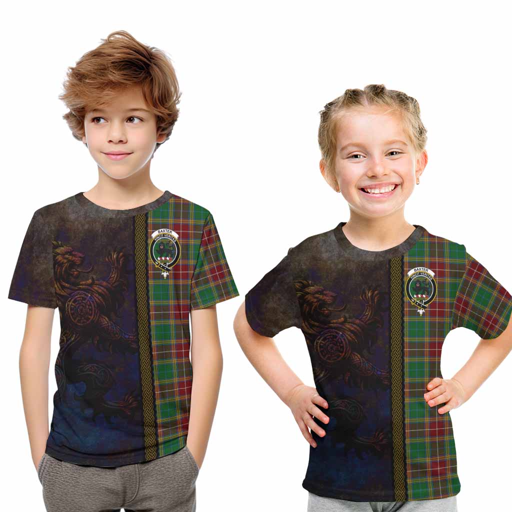 Tartan Vibes Clothing Baxter Tartan Family Crest Kid T-Shirt Alba Gu Brath Be Brave Lion Ancient Style