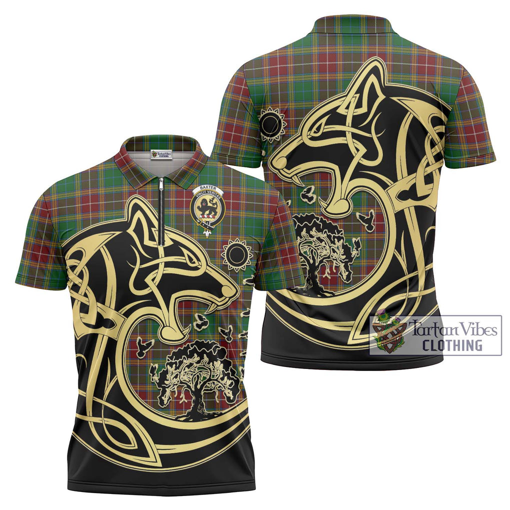 Baxter Tartan Zipper Polo Shirt with Family Crest Celtic Wolf Style Unisex - Tartanvibesclothing Shop
