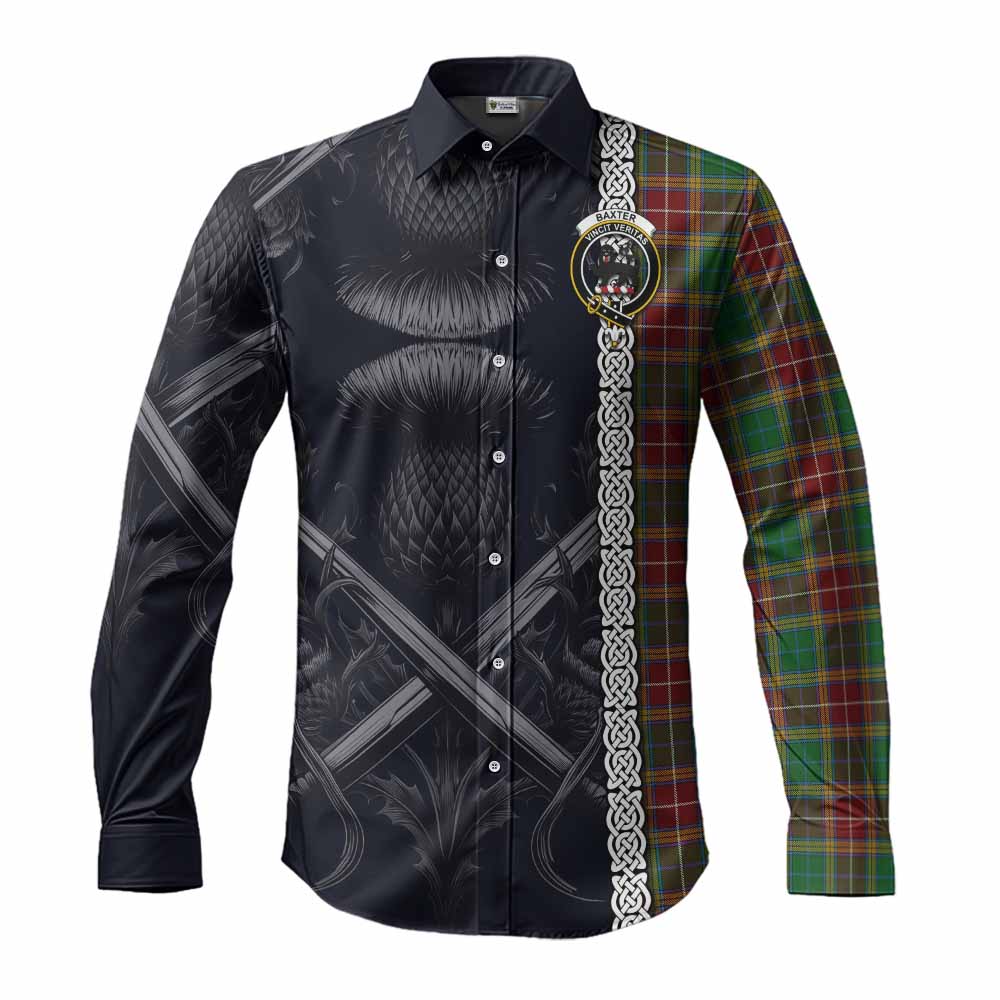 Tartan Vibes Clothing Baxter Tartan Long Sleeve Button Shirt with Family Crest Cross Sword Thistle Celtic Vibes