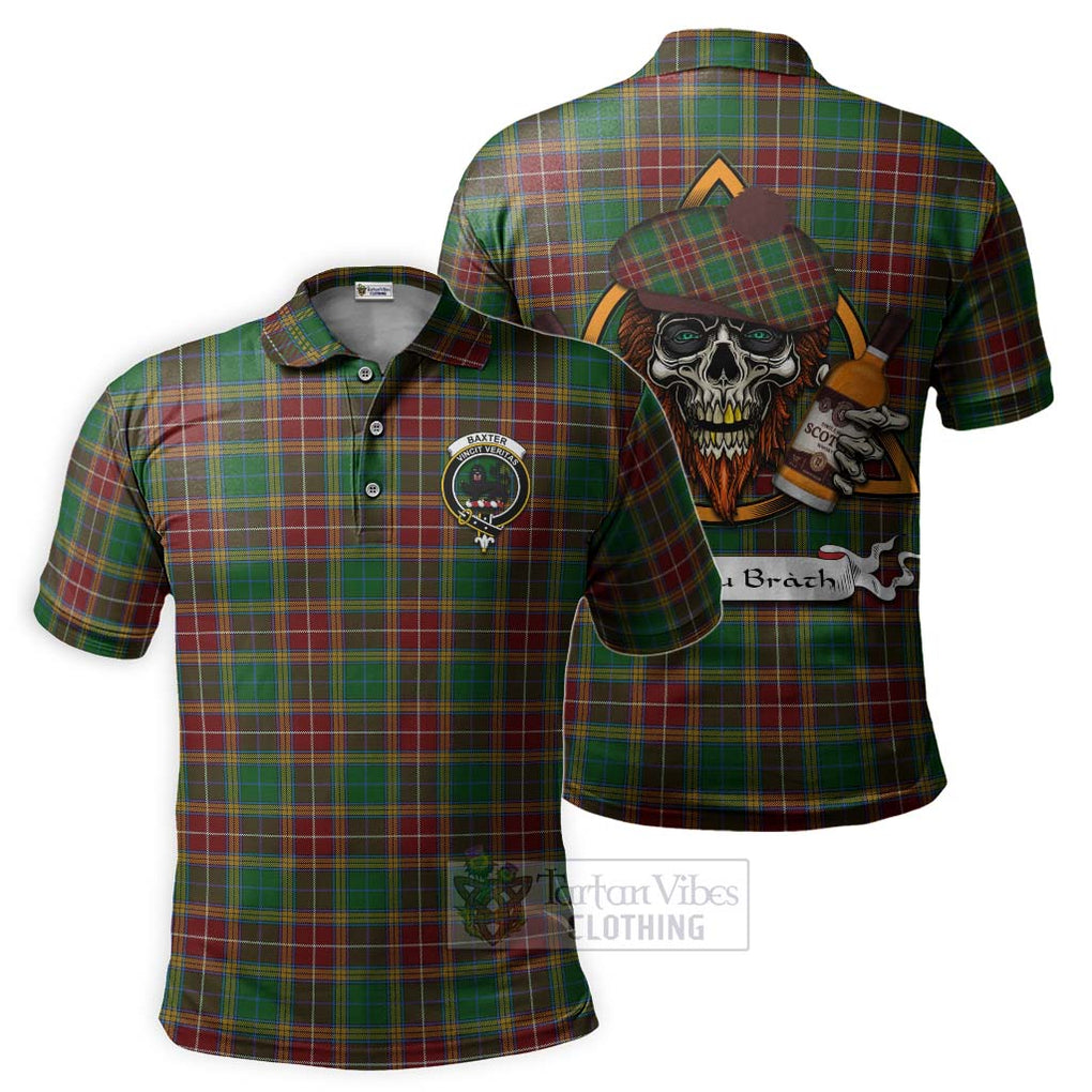 Tartan Vibes Clothing Baxter Tartan Polo Shirt with Family Crest and Bearded Skull Holding Bottles of Whiskey