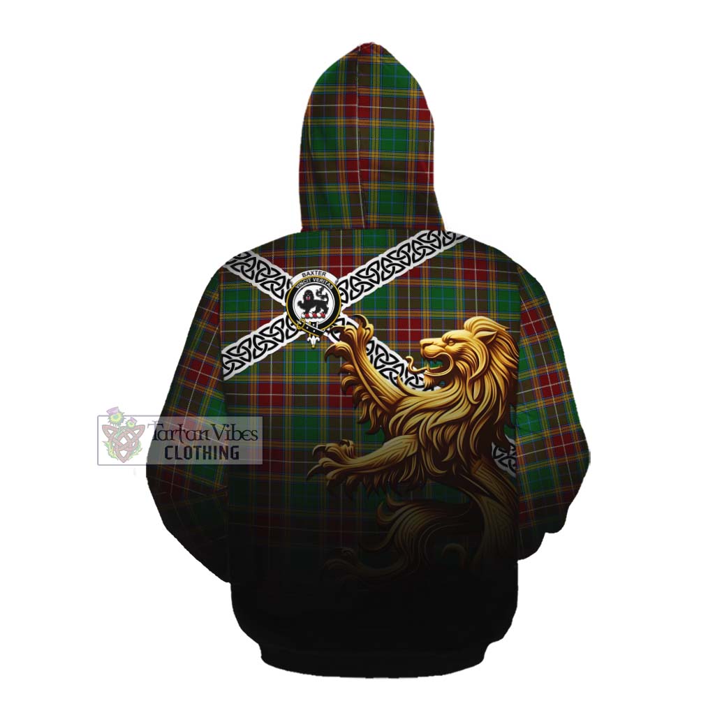Tartan Vibes Clothing Baxter Crest Tartan Cotton Hoodie with Golden Lion Emblem Celtic Style