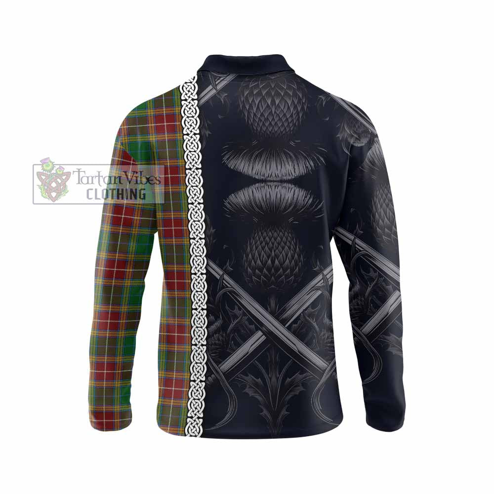 Tartan Vibes Clothing Baxter Tartan Long Sleeve Polo Shirt with Family Crest Cross Sword Thistle Celtic Vibes