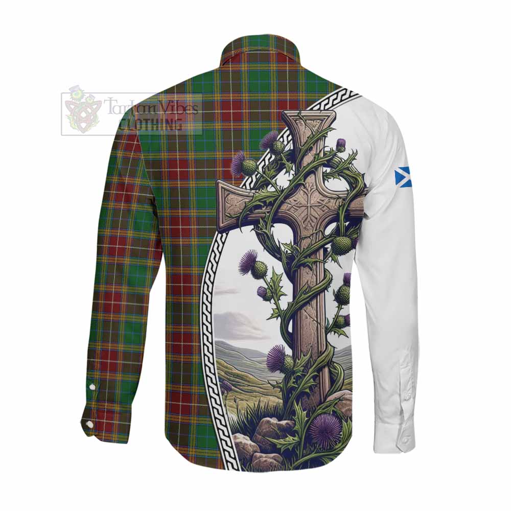 Tartan Vibes Clothing Baxter Tartan Long Sleeve Button Shirt with Family Crest and St. Andrew's Cross Accented by Thistle Vines