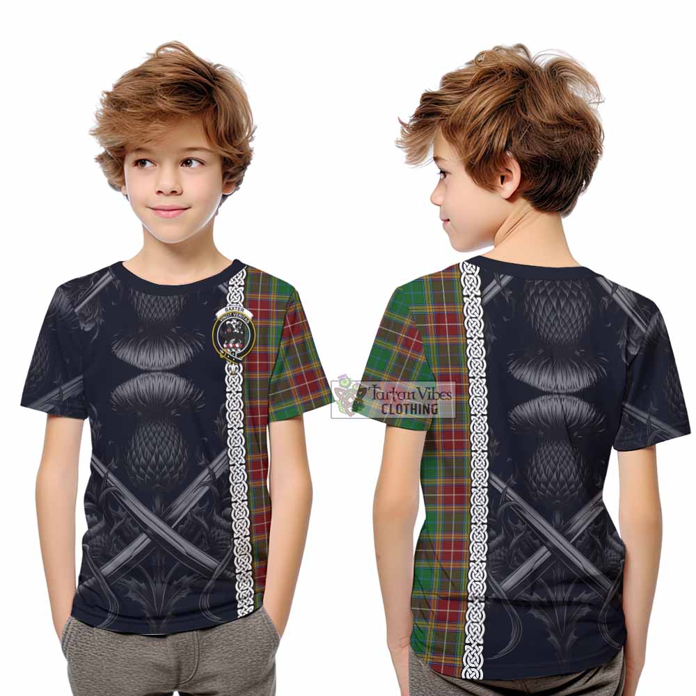 Tartan Vibes Clothing Baxter Tartan Kid T-Shirt with Family Crest Cross Sword Thistle Celtic Vibes