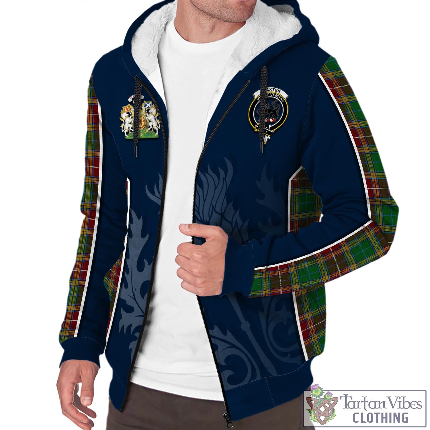 Tartan Vibes Clothing Baxter Tartan Sherpa Hoodie with Family Crest and Scottish Thistle Vibes Sport Style