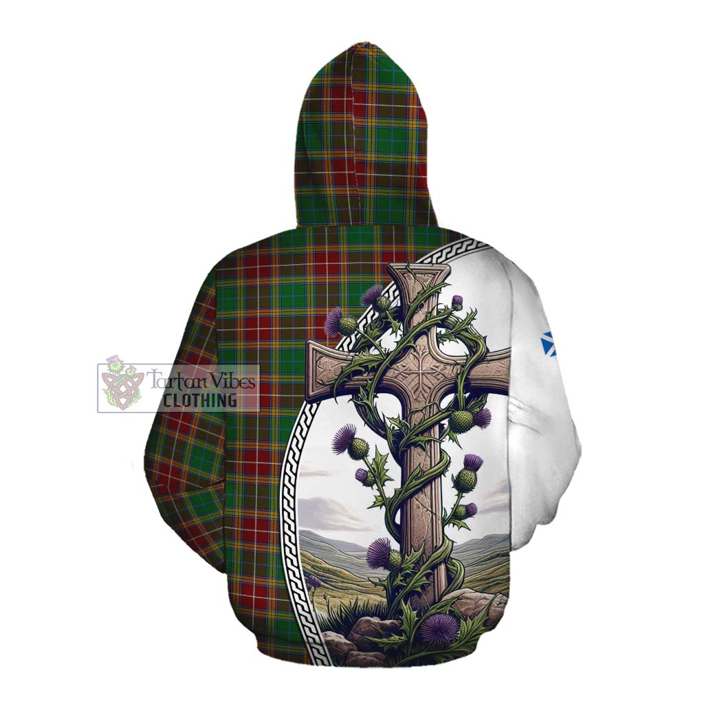 Tartan Vibes Clothing Baxter Tartan Cotton Hoodie with Family Crest and St. Andrew's Cross Accented by Thistle Vines