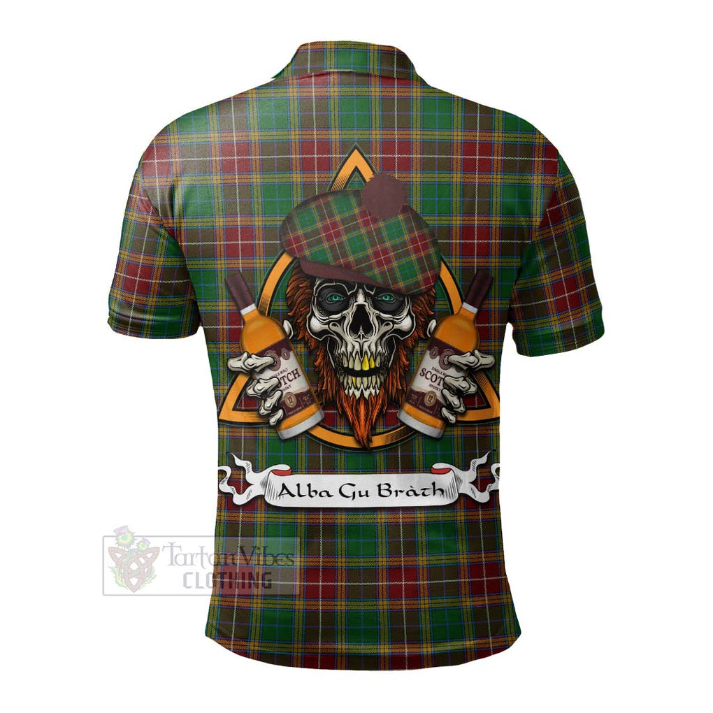 Tartan Vibes Clothing Baxter Tartan Polo Shirt with Family Crest and Bearded Skull Holding Bottles of Whiskey