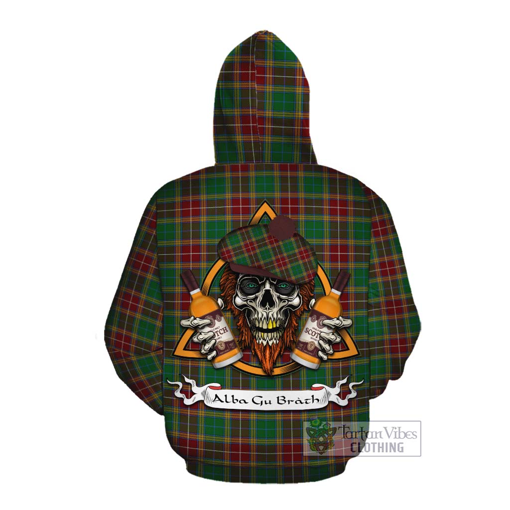 Tartan Vibes Clothing Baxter Tartan Cotton Hoodie with Family Crest and Bearded Skull Holding Bottles of Whiskey