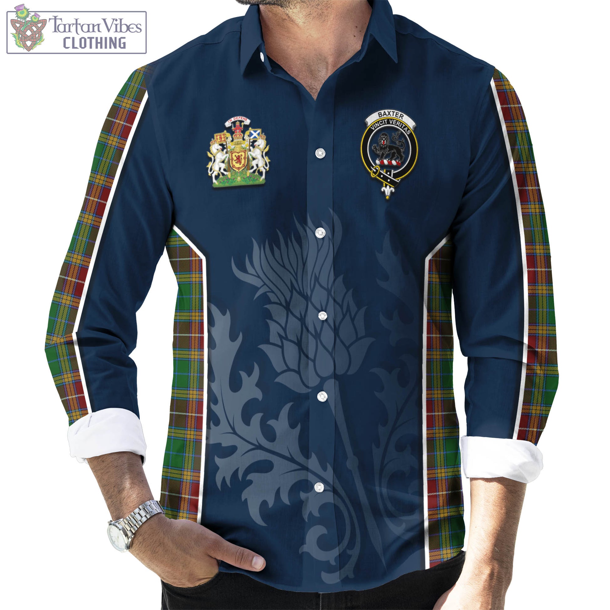 Tartan Vibes Clothing Baxter Tartan Long Sleeve Button Up Shirt with Family Crest and Scottish Thistle Vibes Sport Style