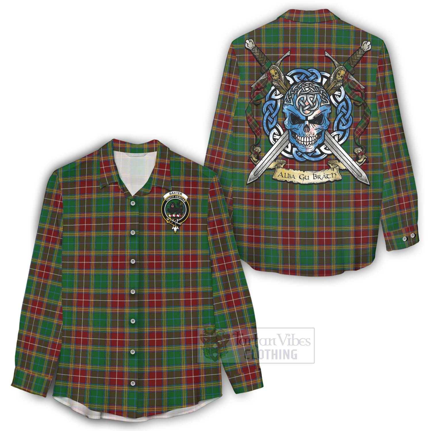 Tartan Vibes Clothing Baxter Tartan Women's Casual Shirt with Family Crest Celtic Skull Style