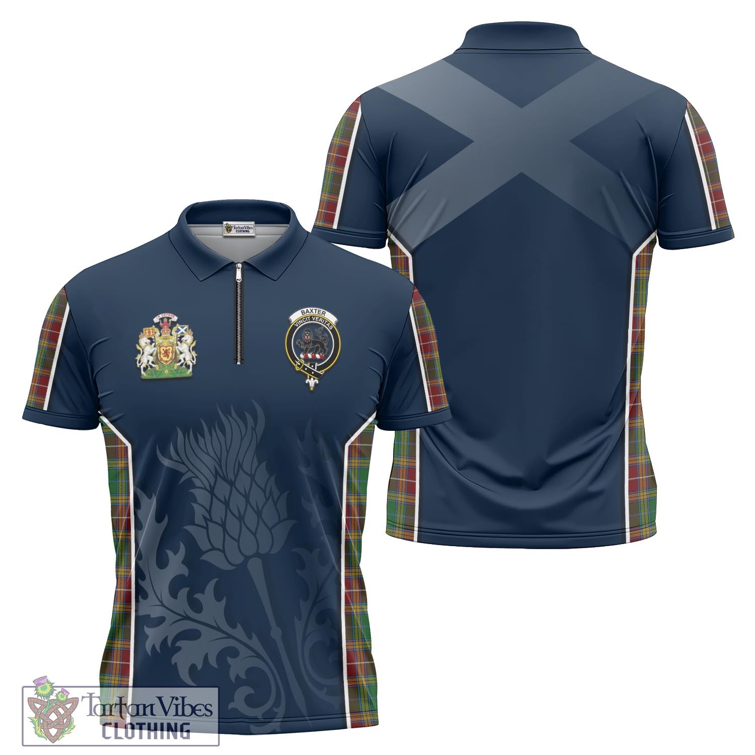 Tartan Vibes Clothing Baxter Tartan Zipper Polo Shirt with Family Crest and Scottish Thistle Vibes Sport Style