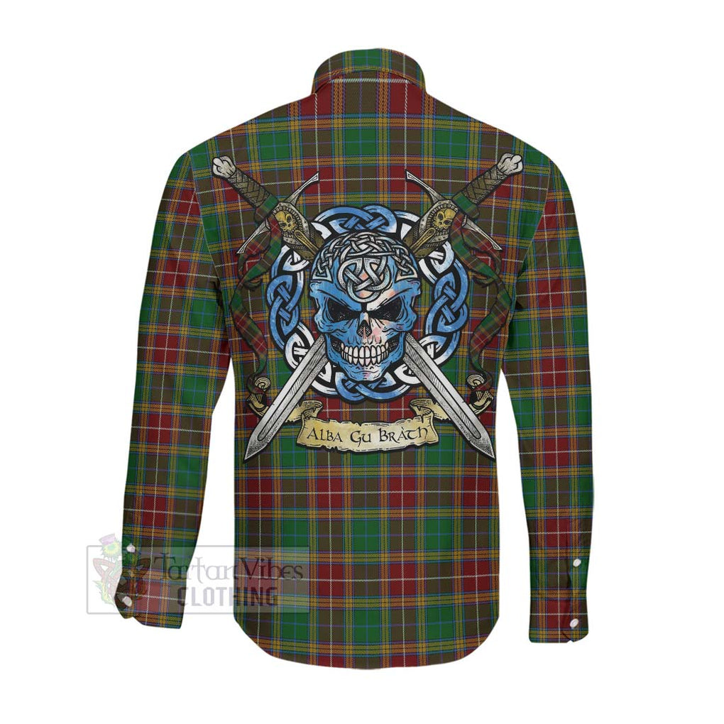 Tartan Vibes Clothing Baxter Tartan Long Sleeve Button Shirt with Family Crest Celtic Skull Style