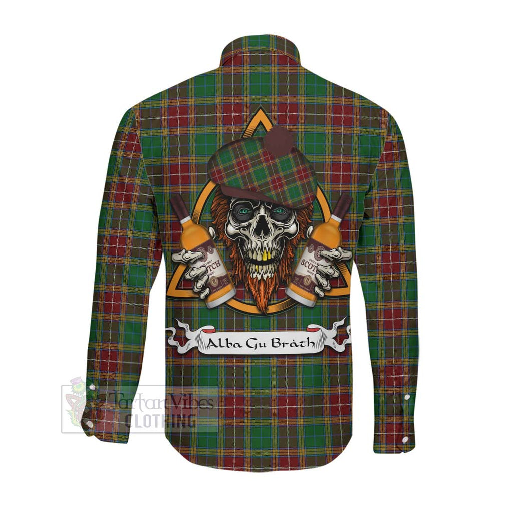 Tartan Vibes Clothing Baxter Tartan Long Sleeve Button Shirt with Family Crest and Bearded Skull Holding Bottles of Whiskey
