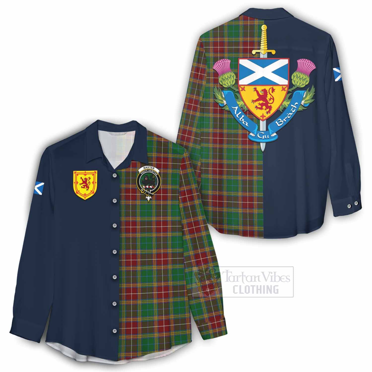 Tartan Vibes Clothing Baxter Tartan Women's Casual Shirt Alba with Scottish Lion Royal Arm Half Style