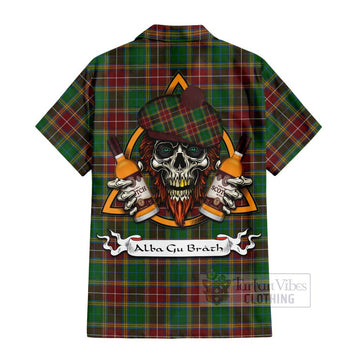 Tartan Vibes Clothing Baxter Tartan Short Sleeve Button Shirt with Family Crest and Bearded Skull Holding Bottles of Whiskey