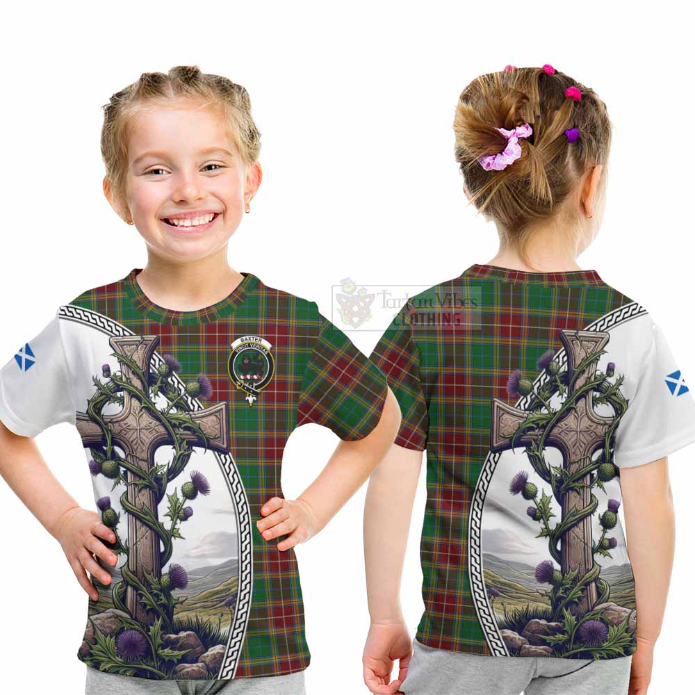 Tartan Vibes Clothing Baxter Tartan Kid T-Shirt with Family Crest and St. Andrew's Cross Accented by Thistle Vines