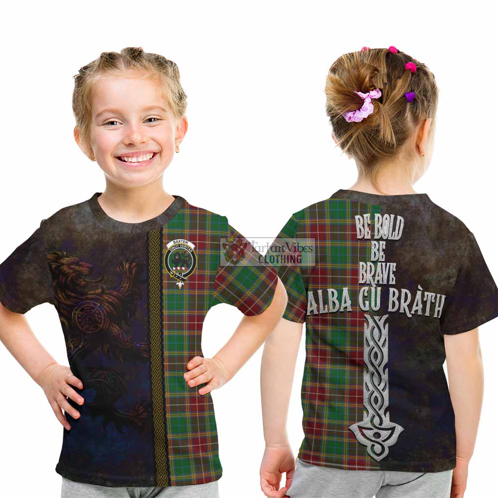Tartan Vibes Clothing Baxter Tartan Family Crest Kid T-Shirt Alba Gu Brath Be Brave Lion Ancient Style