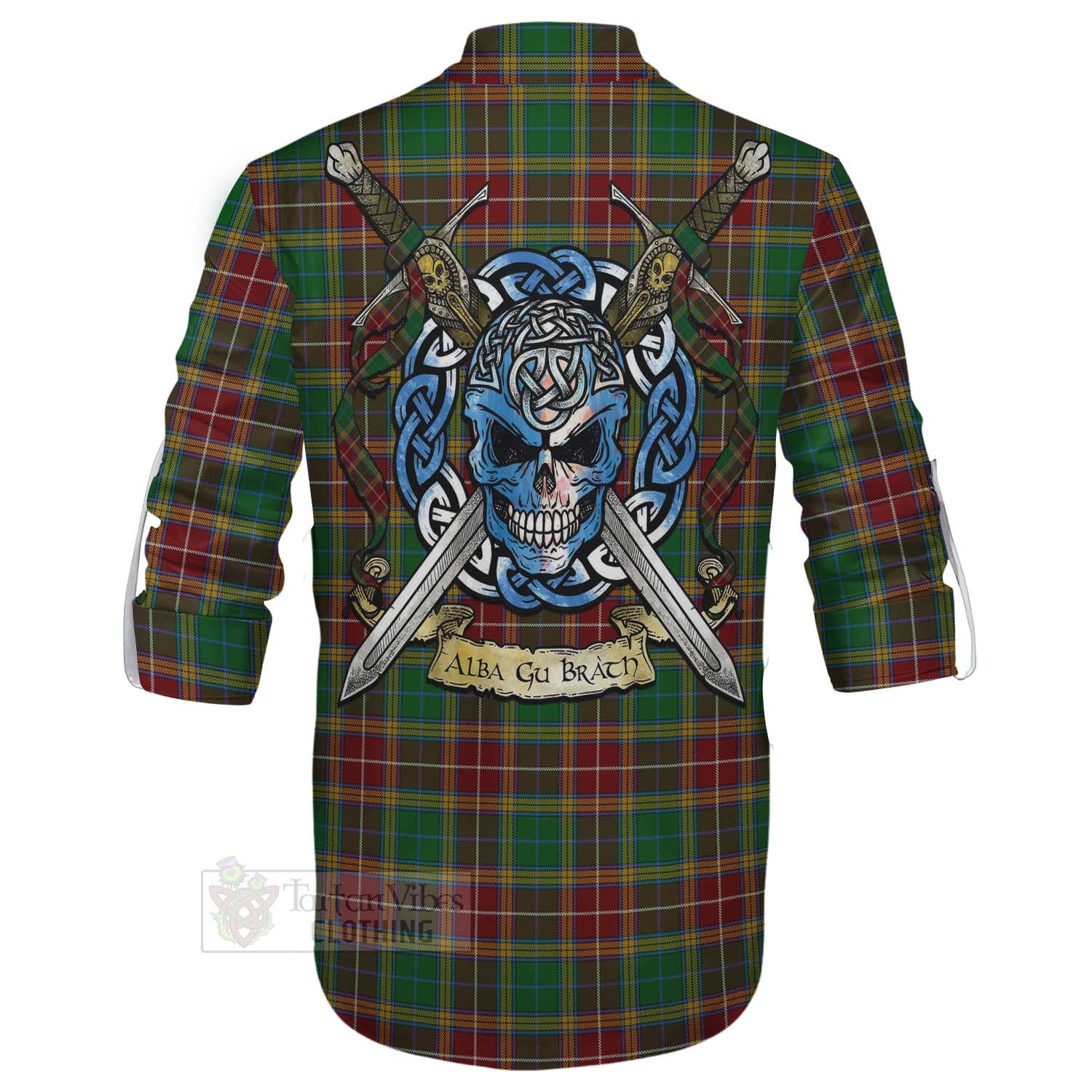 Tartan Vibes Clothing Baxter Tartan Ghillie Kilt Shirt with Family Crest Celtic Skull Style