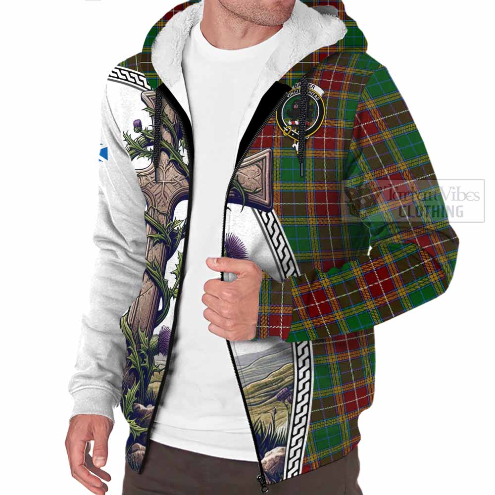 Tartan Vibes Clothing Baxter Tartan Sherpa Hoodie with Family Crest and St. Andrew's Cross Accented by Thistle Vines