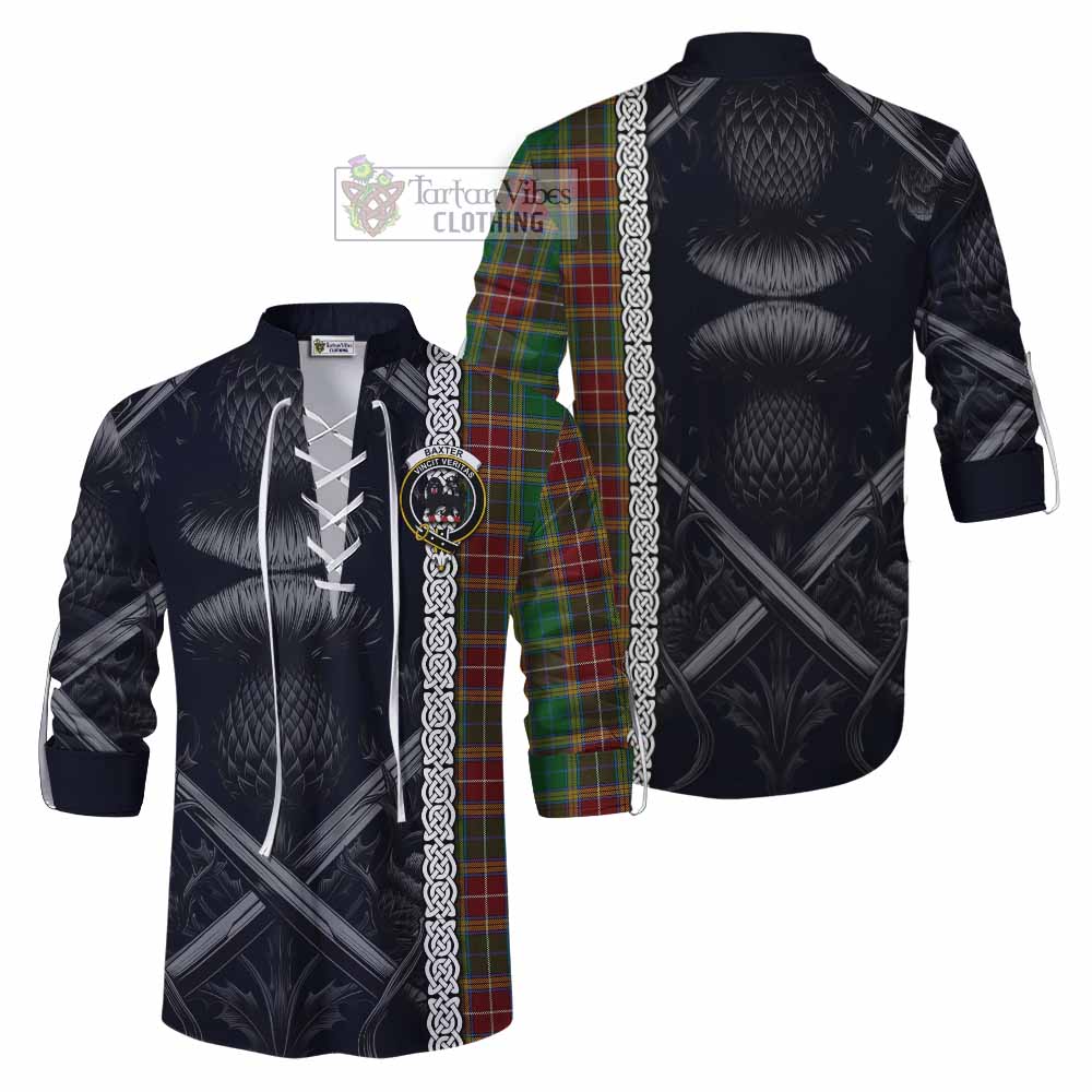 Tartan Vibes Clothing Baxter Tartan Ghillie Kilt Shirt with Family Crest Cross Sword Thistle Celtic Vibes