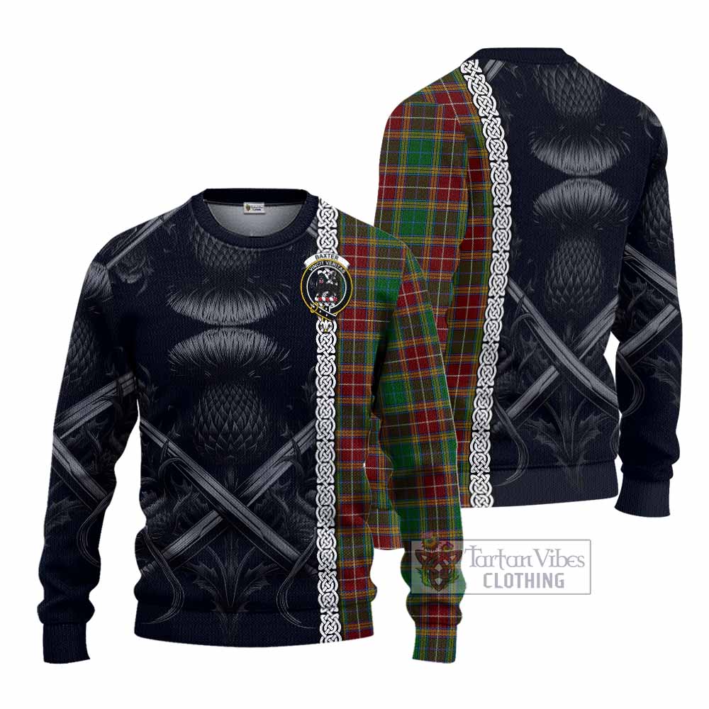 Tartan Vibes Clothing Baxter Tartan Knitted Sweater with Family Crest Cross Sword Thistle Celtic Vibes
