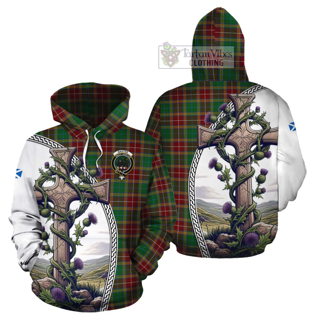 Tartan Vibes Clothing Baxter Tartan Cotton Hoodie with Family Crest and St. Andrew's Cross Accented by Thistle Vines