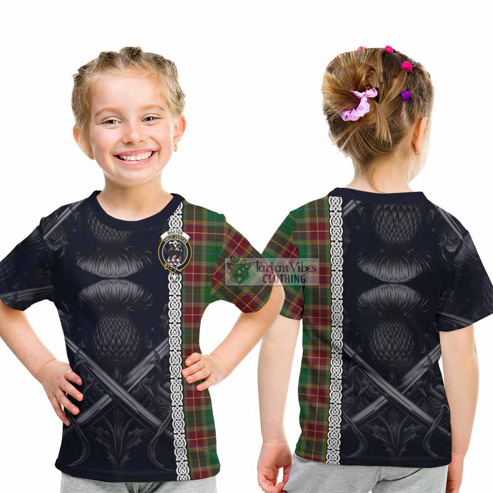 Tartan Vibes Clothing Baxter Tartan Kid T-Shirt with Family Crest Cross Sword Thistle Celtic Vibes