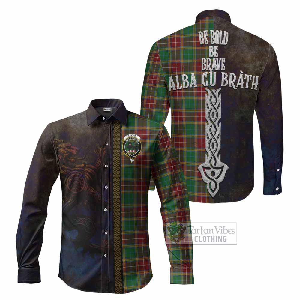 Tartan Vibes Clothing Baxter Tartan Family Crest Long Sleeve Button Shirt Alba Gu Brath Be Brave Lion Ancient Style