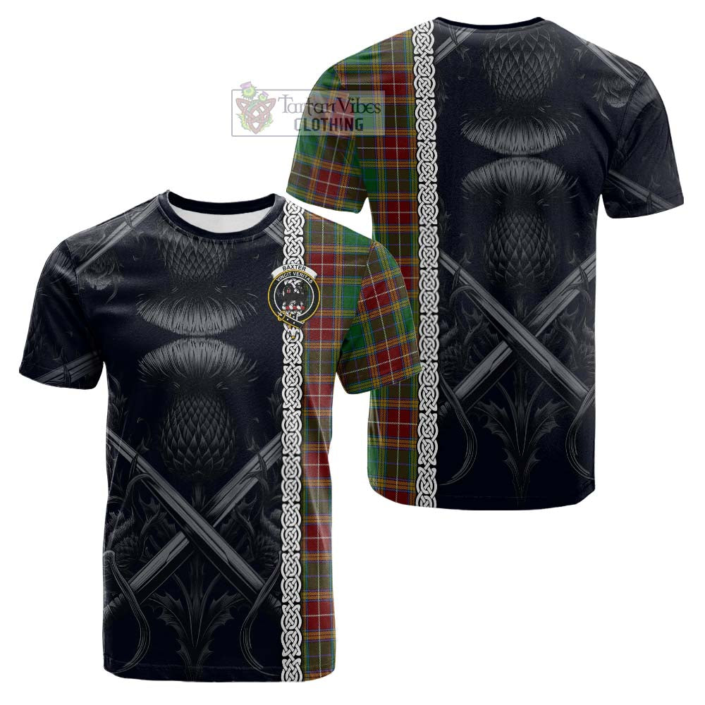 Tartan Vibes Clothing Baxter Tartan Cotton T-shirt with Family Crest Cross Sword Thistle Celtic Vibes