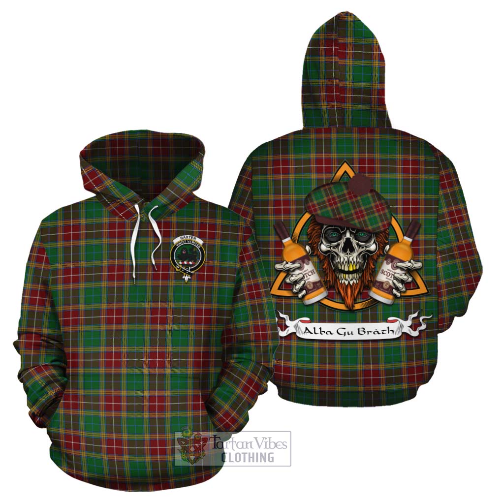 Tartan Vibes Clothing Baxter Tartan Cotton Hoodie with Family Crest and Bearded Skull Holding Bottles of Whiskey