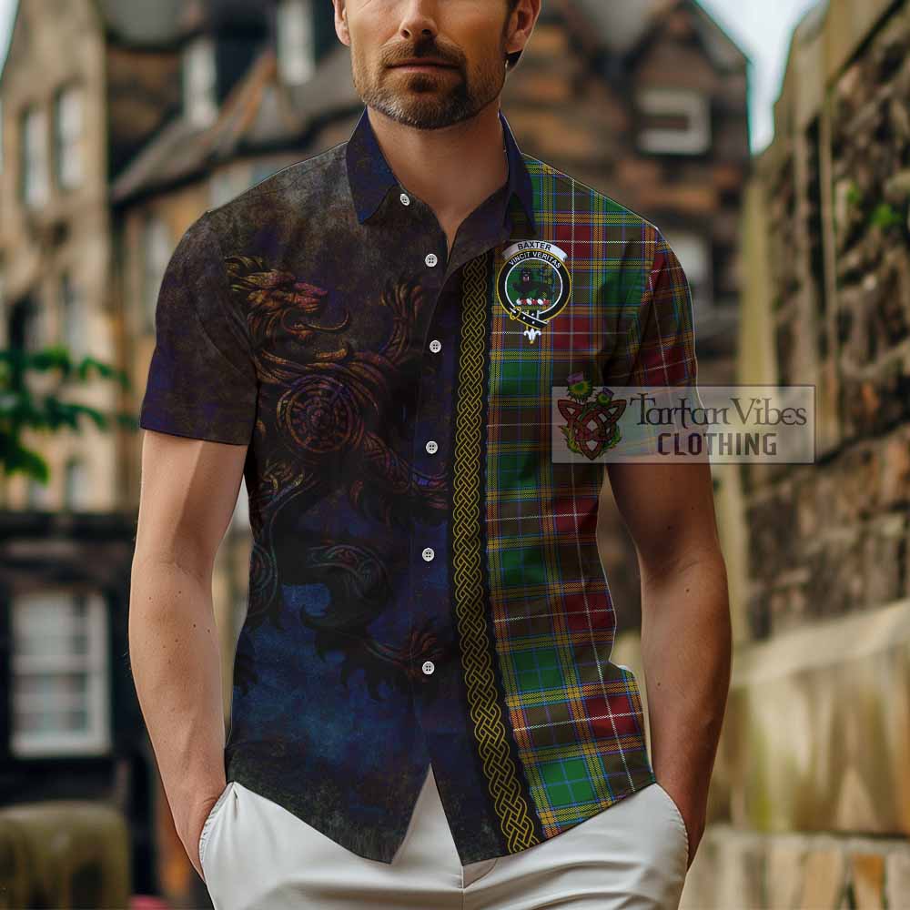 Tartan Vibes Clothing Baxter Tartan Family Crest Short Sleeve Button Shirt Alba Gu Brath Be Brave Lion Ancient Style