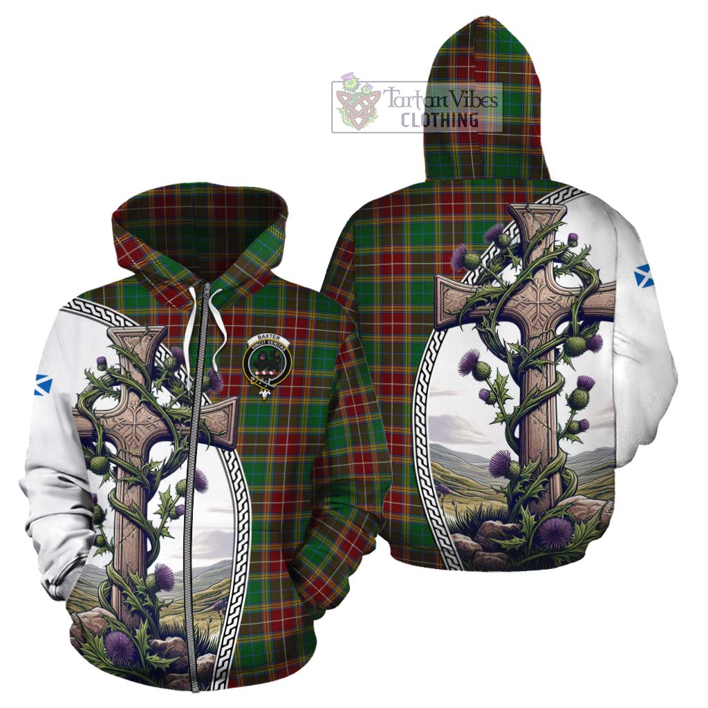 Tartan Vibes Clothing Baxter Tartan Cotton Hoodie with Family Crest and St. Andrew's Cross Accented by Thistle Vines