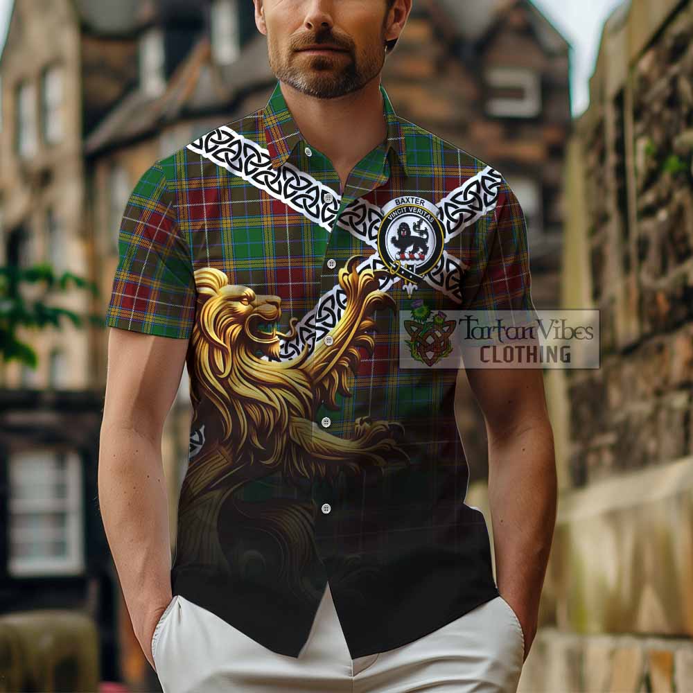 Tartan Vibes Clothing Baxter Crest Tartan Short Sleeve Button Shirt with Golden Lion Emblem Celtic Style
