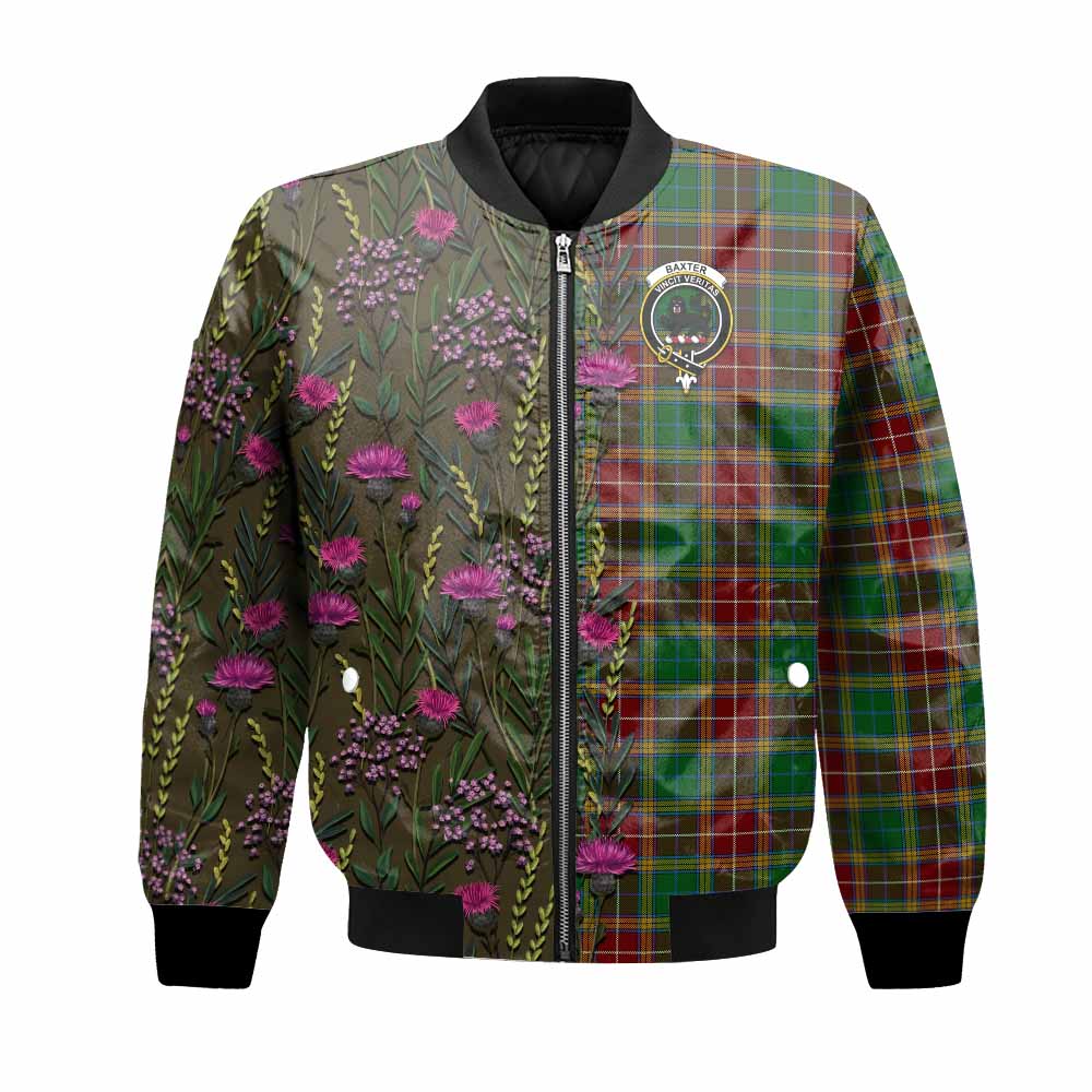 Baxter Family Crest Tartan Bomber Jacket Scottish Thistle Flower Pattern Half Style - Tartan Vibes Clothing
