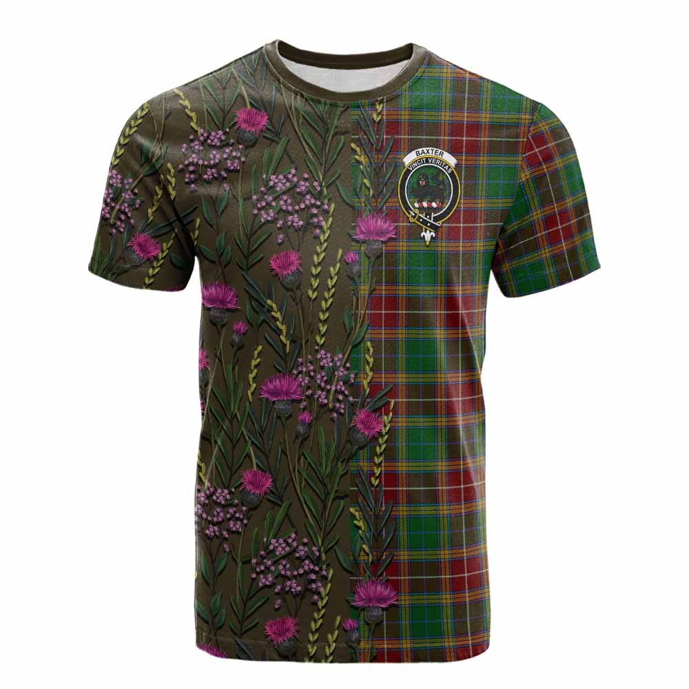 Baxter Family Crest Tartan Cotton T-shirt Scottish Thistle Flower Pattern Half Style - Tartan Vibes Clothing
